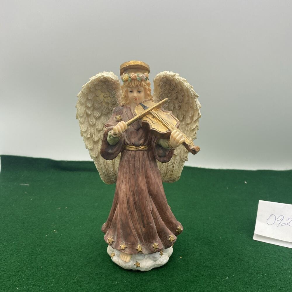 Angel Figurine Playing Violin in Purple Robe Holiday Christmas Decor 7”
